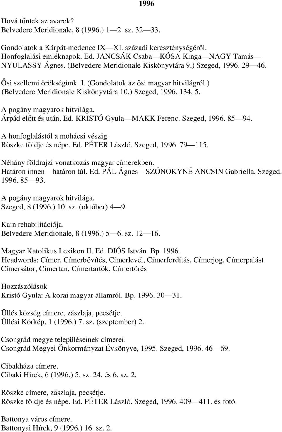 ) (Belvedere Meridionale Kiskönyvtára 10.) Szeged, 1996. 134, 5. A pogány magyarok hitvilága. Árpád előtt és után. Ed. KRISTÓ Gyula MAKK Ferenc. Szeged, 1996. 85 94. A honfoglalástól a mohácsi vészig.