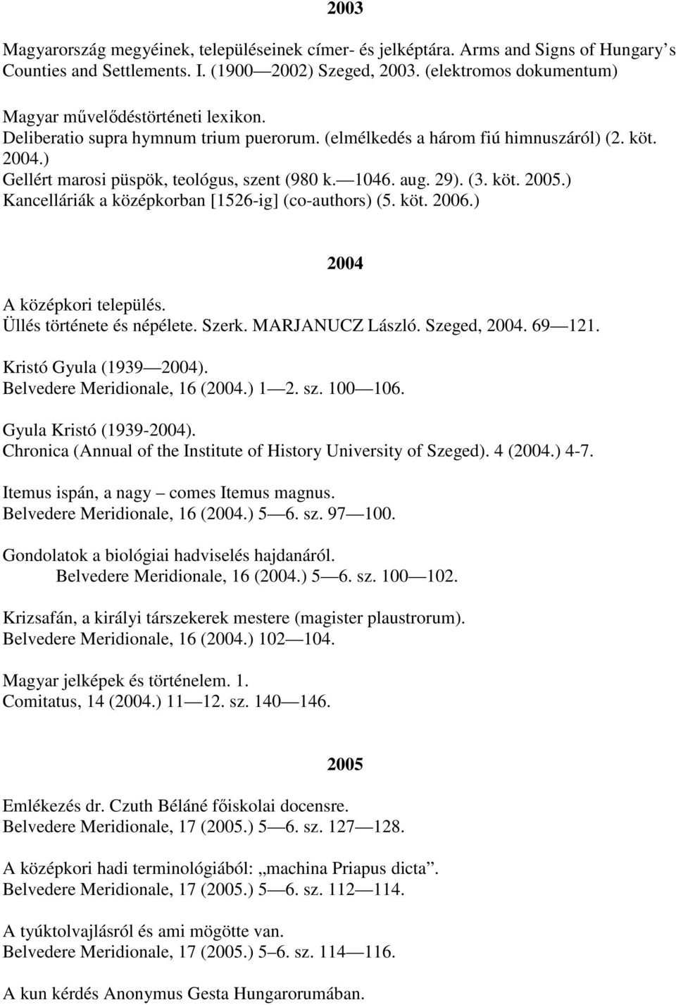 1046. aug. 29). (3. köt. 2005.) Kancelláriák a középkorban [1526-ig] (co-authors) (5. köt. 2006.) 2004 A középkori település. Üllés története és népélete. Szerk. MARJANUCZ László. Szeged, 2004.