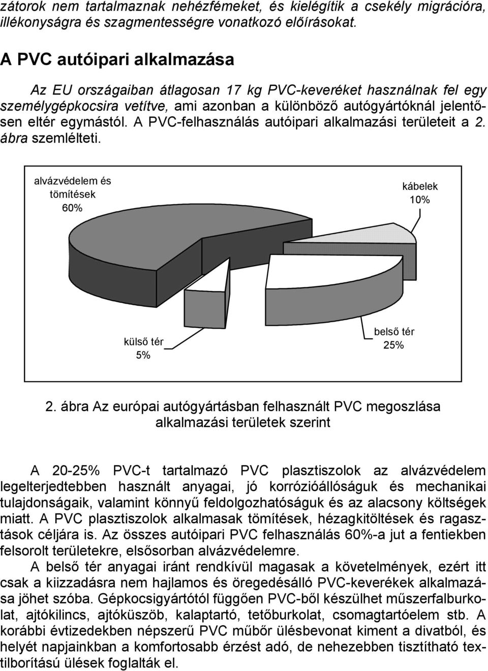 A PVC-felhasználás autóipari alkalmazási területeit a 2. ábra szemlélteti. alvázvédelem és tömítések 60% kábelek 10% külső tér 5% belső tér 25% 2.