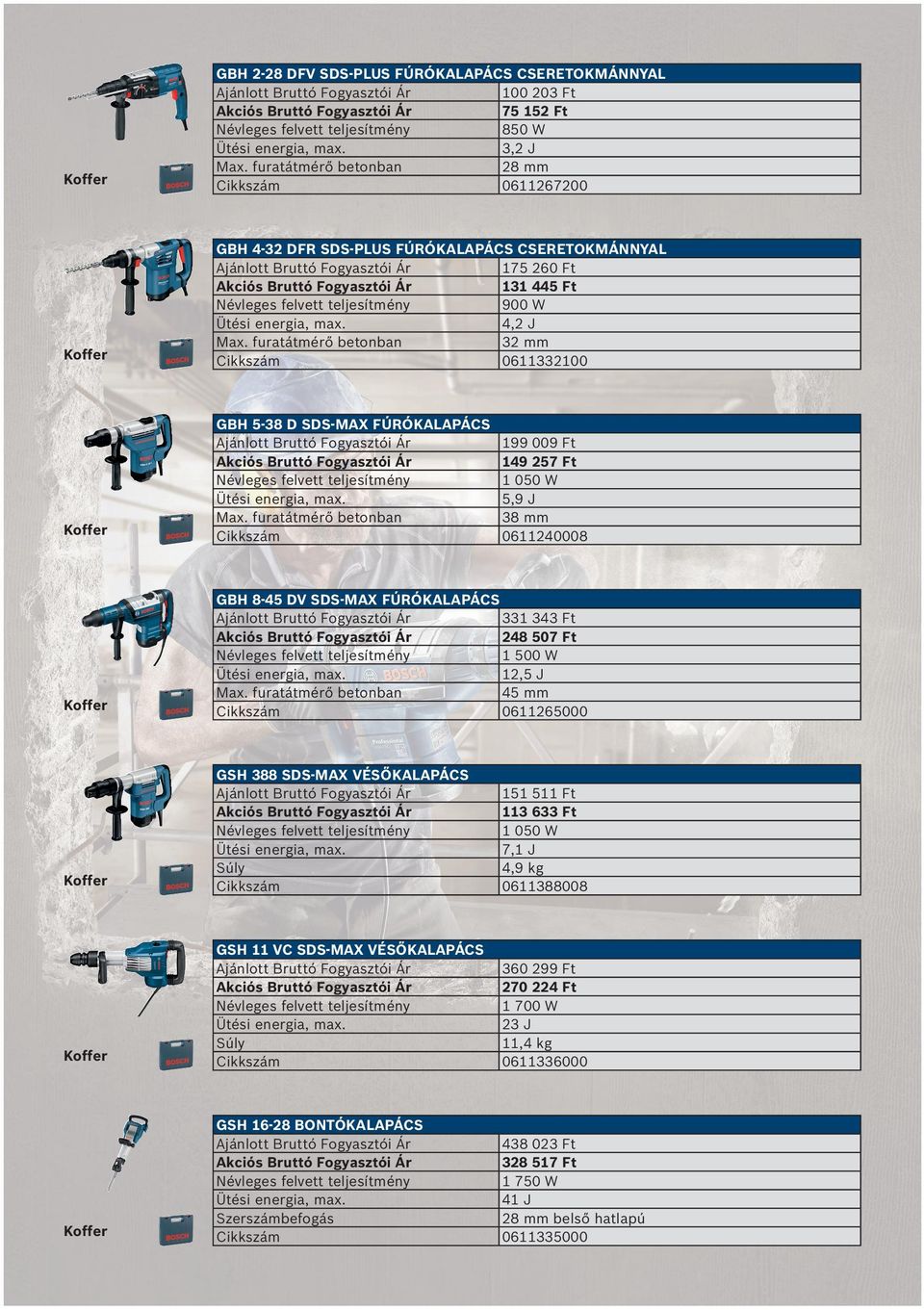 furatátmérő betonban 32 mm 0611332100 GBH 5-38 D SDS-MAX FÚRÓKALAPÁCS Max. furatátmérő betonban GBH 8-45 DV SDS-MAX FÚRÓKALAPÁCS 331 343 Ft 248 507 Ft 1 500 W 12,5 J Max.