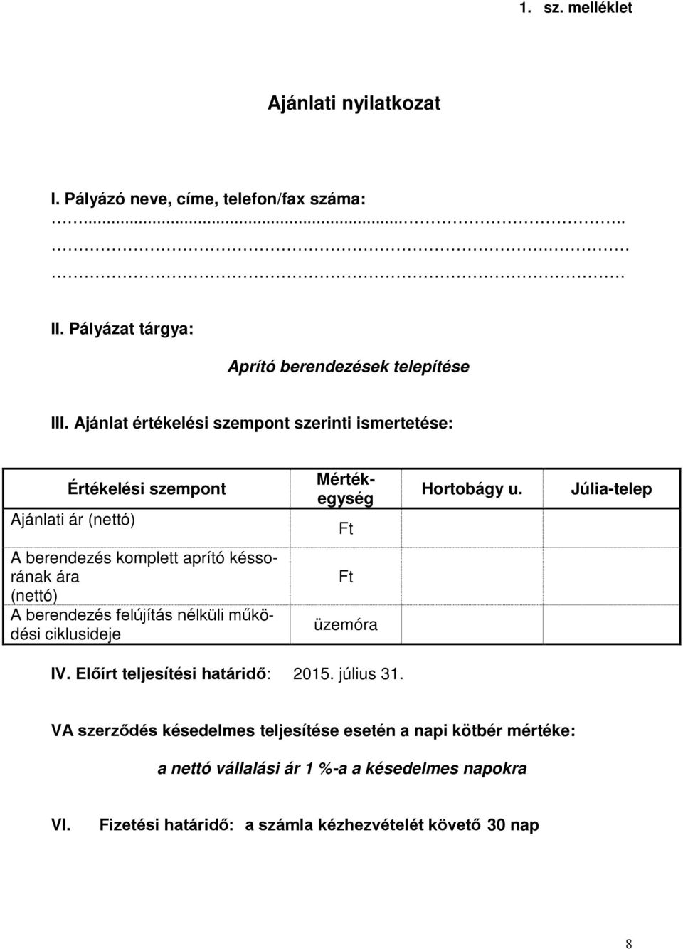 Júlia-telep A berendezés kmplett aprító késsrának ára (nettó) A berendezés felújítás nélküli működési ciklusideje Ft üzemóra IV.