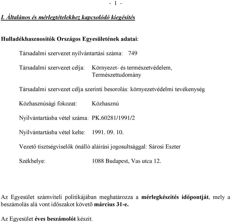 Környezet- és természetvédelem, Természettudomány Társadalmi szervezet célja szerinti besorolás: környezetvédelmi tevékenység Közhasznúsági fokozat: Közhasznú Nyilvántartásba