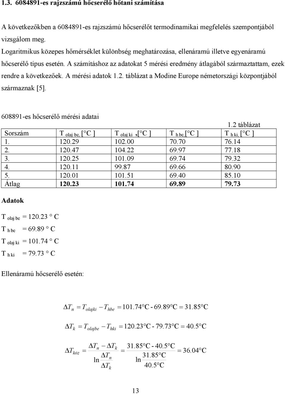 A számításhoz az adatokat 5 mérési eredmény átlagából származtattam, ezek rendre a következőek. A mérési adatok 1.2. táblázat a Modine Europe németországi központjából származnak [5].