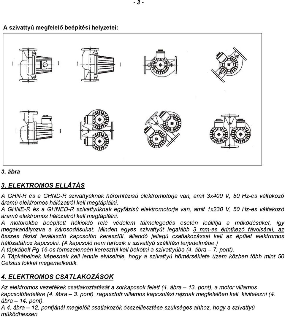 A GHNE-R és a GHNED-R szivattyúknak egyfázisú elektromotorja van, amit 1x230 V, 50 Hz-es váltakozó áramú elektromos hálózatról kell megtáplálni.