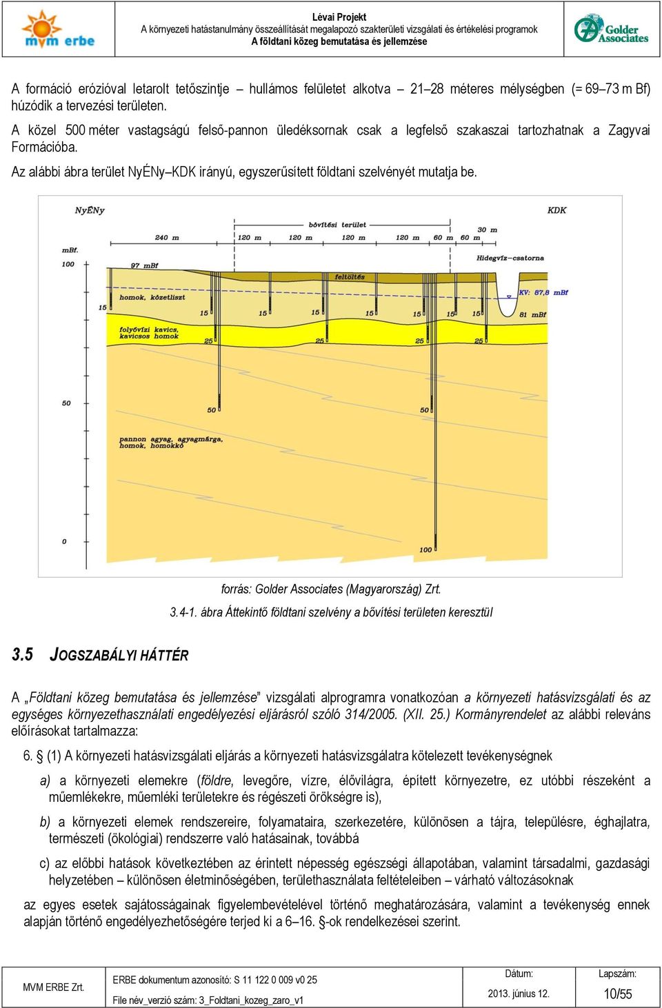 Az alábbi ábra terület NyÉNy KDK irányú, egyszerűsített földtani szelvényét mutatja be. forrás: Golder Associates (Magyarország) Zrt. 3.4-1.