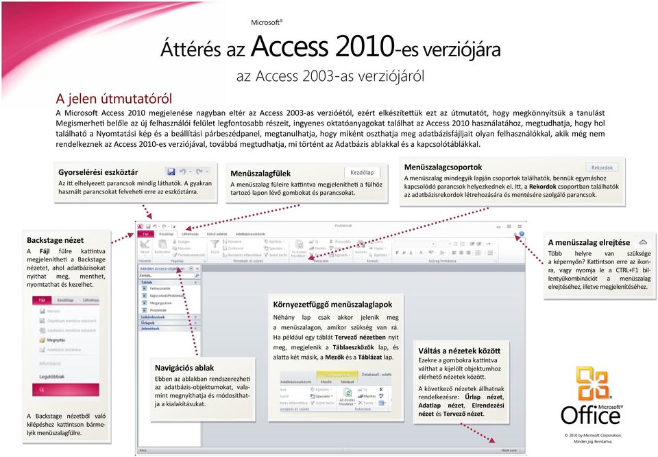 megtanulhatja, hogy miként oszthatja meg adatbázisfájljait olyan felhasználókkal, akik még nem rendelkeznek az Access 2010-es verziójával, továbbá megtudhatja, mi történt az Adatbázis ablakkal és a
