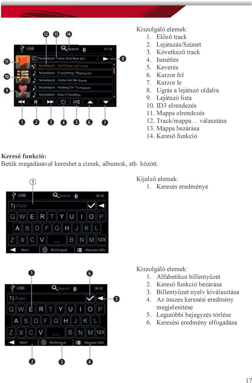 Kereső funkció Kereső funkció: Betűk megadásával kereshet a címek, albumok, stb. között. Kijelző elemek: 1. Keresés eredménye Kiszolgáló elemek: 1.