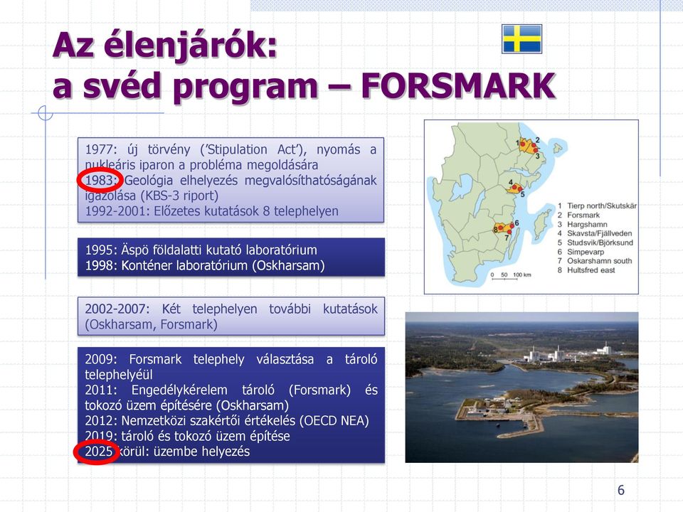 laboratórium (Oskharsam) 2002-2007: Két telephelyen további kutatások (Oskharsam, Forsmark) 2009: Forsmark telephely választása a tároló telephelyéül 2011: