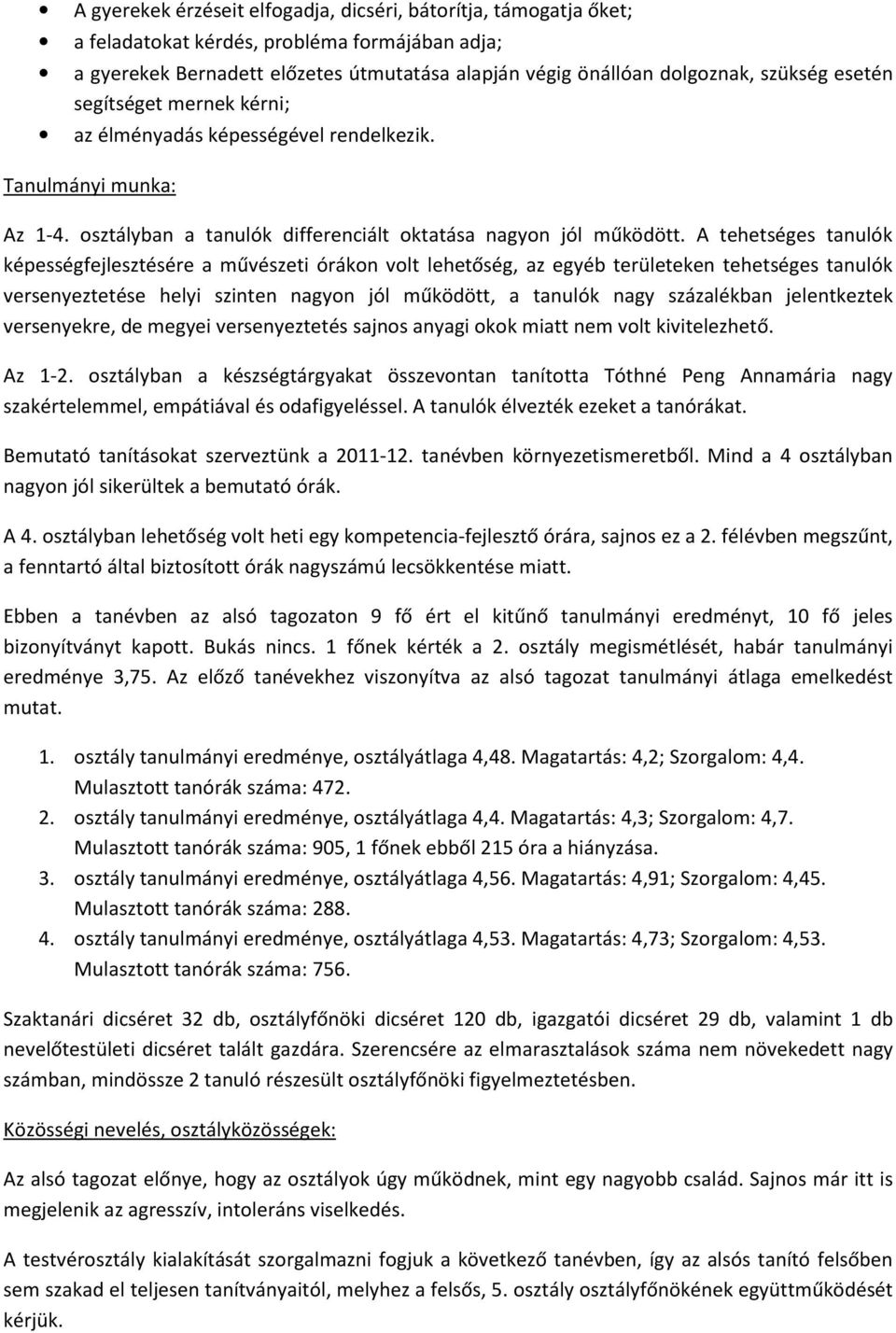 A tehetséges tanulók képességfejlesztésére a művészeti órákon volt lehetőség, az egyéb területeken tehetséges tanulók versenyeztetése helyi szinten nagyon jól működött, a tanulók nagy százalékban