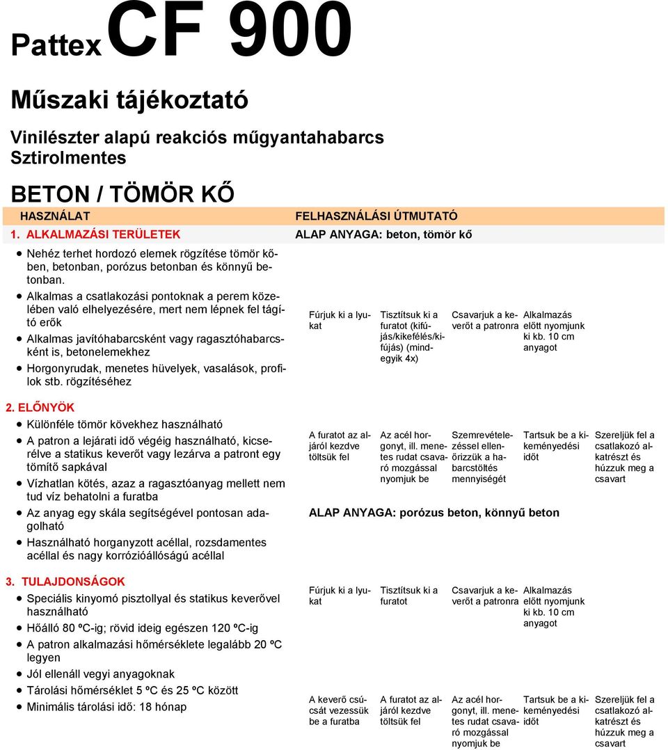 Alkalmas a csatlakozási pontoknak a perem közelében való elhelyezésére, mert nem lépnek fel tágító erők Alkalmas javítóhabarcsként vagy ragasztóhabarcsként is, betonelemekhez Horgonyrudak, menetes