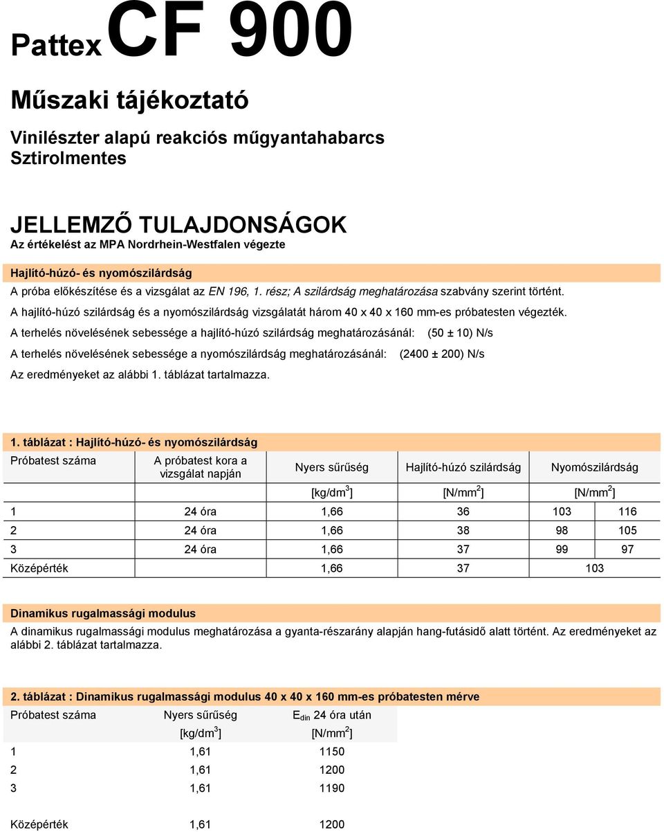 A terhelés növelésének sebessége a hajlító-húzó szilárdság meghatározásánál: (50 ± 10) N/s A terhelés növelésének sebessége a nyomószilárdság meghatározásánál: (2400 ± 200) N/s Az eredményeket az