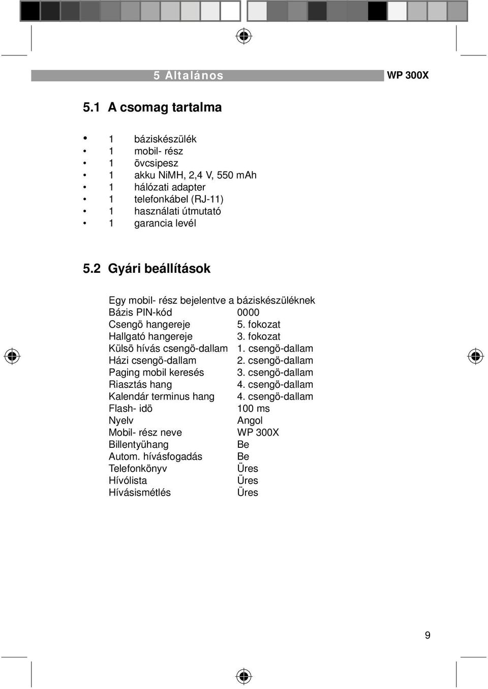 levél 5.2 Gyári beállítások Egy mobil- rész bejelentve a báziskészüléknek Bázis PIN-kód 0000 Csengö hangereje 5. fokozat Hallgató hangereje 3.