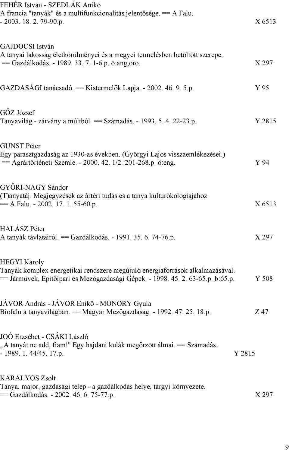 - 2002. 46. 9. 5.p. Y 95 GŐZ József Tanyavilág - zárvány a múltból. == Számadás. - 1993. 5. 4. 22-23.p. Y 2815 GUNST Péter Egy parasztgazdaság az 1930-as években. (Györgyi Lajos visszaemlékezései.