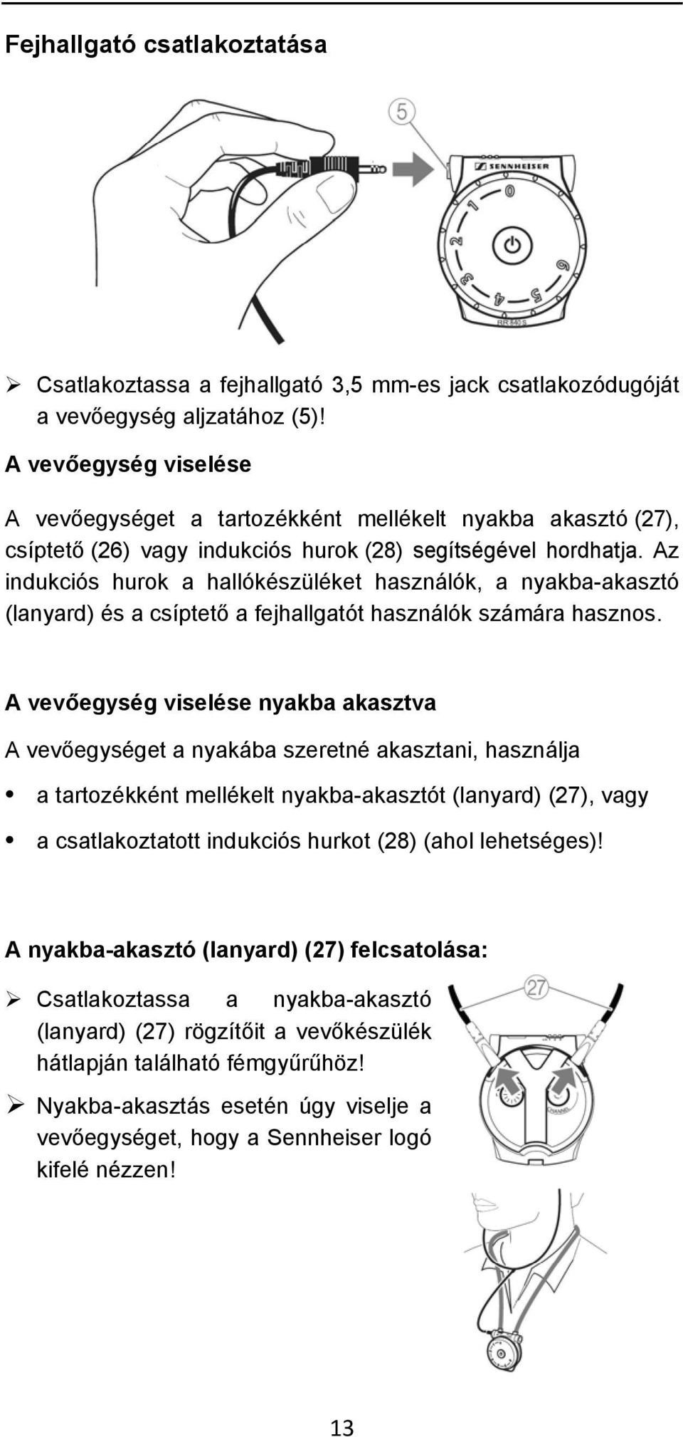 Az indukciós hurok a hallókészüléket használók, a nyakba-akasztó (lanyard) és a csíptető a fejhallgatót használók számára hasznos.