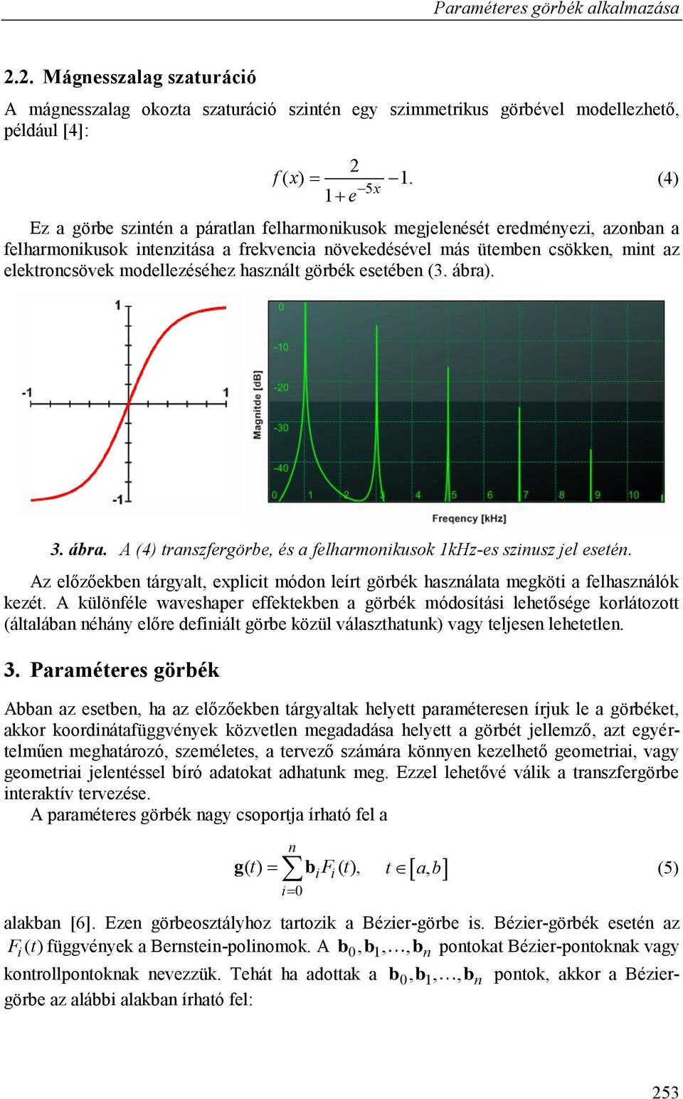 modellezéséhez használt görbék esetében (3. ábra). (4) 3. ábra. A (4) transzfergörbe, és a felharmonikusok 1kHz-es szinusz jel esetén.