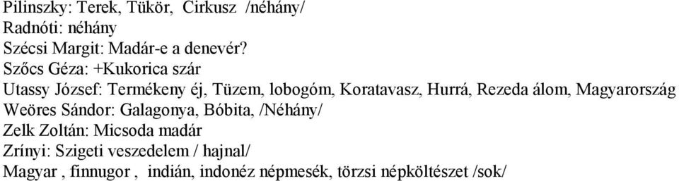 Rezeda álom, Magyarország Weöres Sándor: Galagonya, Bóbita, /Néhány/ Zelk Zoltán: Micsoda madár