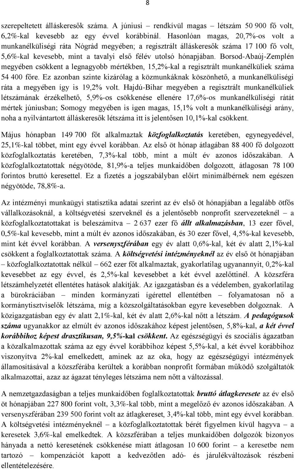 Borsod-Abaúj-Zemplén megyében csökkent a legnagyobb mértékben, 15,2%-kal a regisztrált munkanélküliek száma 54 400 főre.