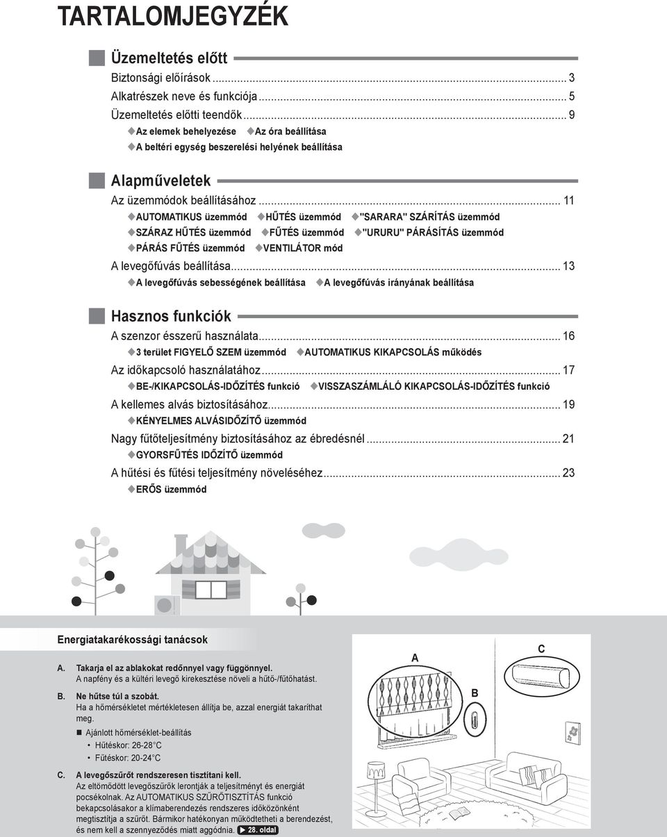 .. 11 AUTOMATIKUS üzemmód HŰTÉS üzemmód "SARARA" SZÁRÍTÁS üzemmód SZÁRAZ HŰTÉS üzemmód FŰTÉS üzemmód "URURU" PÁRÁSÍTÁS üzemmód PÁRÁS FŰTÉS üzemmód VENTILÁTOR mód A levegőfúvás beállítása.