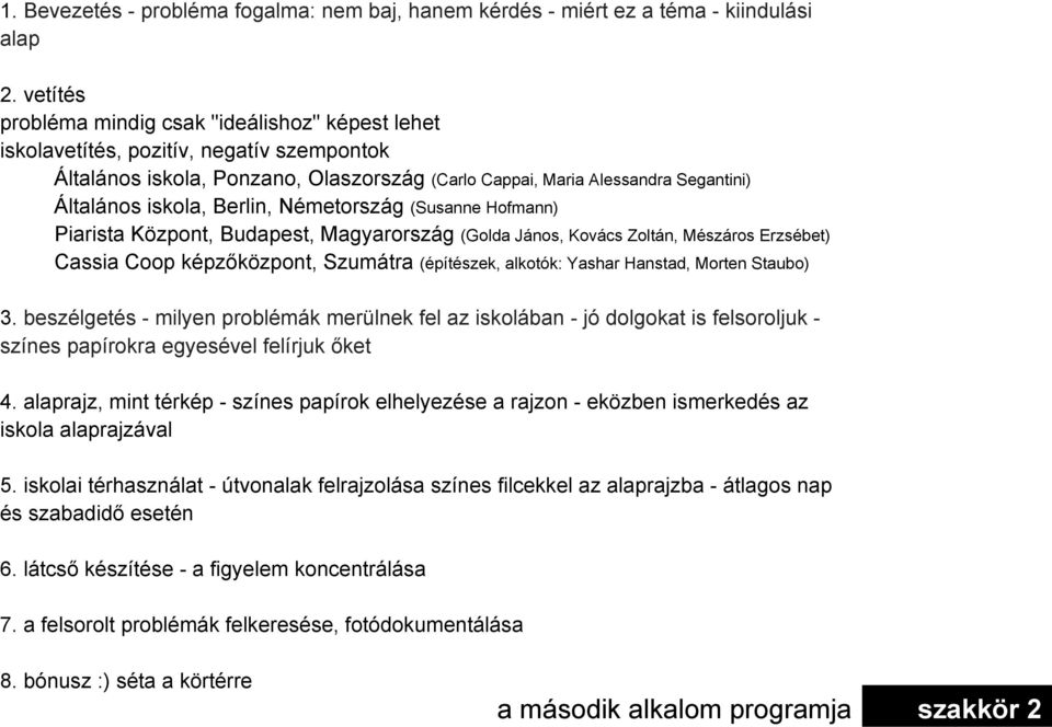 Berlin, Németország (Susanne Hofmann) Piarista Központ, Budapest, Magyarország (Golda János, Kovács Zoltán, Mészáros Erzsébet) Cassia Coop képzőközpont, Szumátra (építészek, alkotók: Yashar Hanstad,