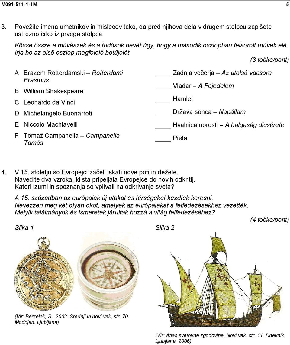(3 točke/pont) A Erazem Rotterdamski Rotterdami Erasmus B William Shakespeare C Leonardo da Vinci D Michelangelo Buonarroti E Niccolo Machiavelli F Tomaž Campanella Campanella Tamás Zadnja večerja Az