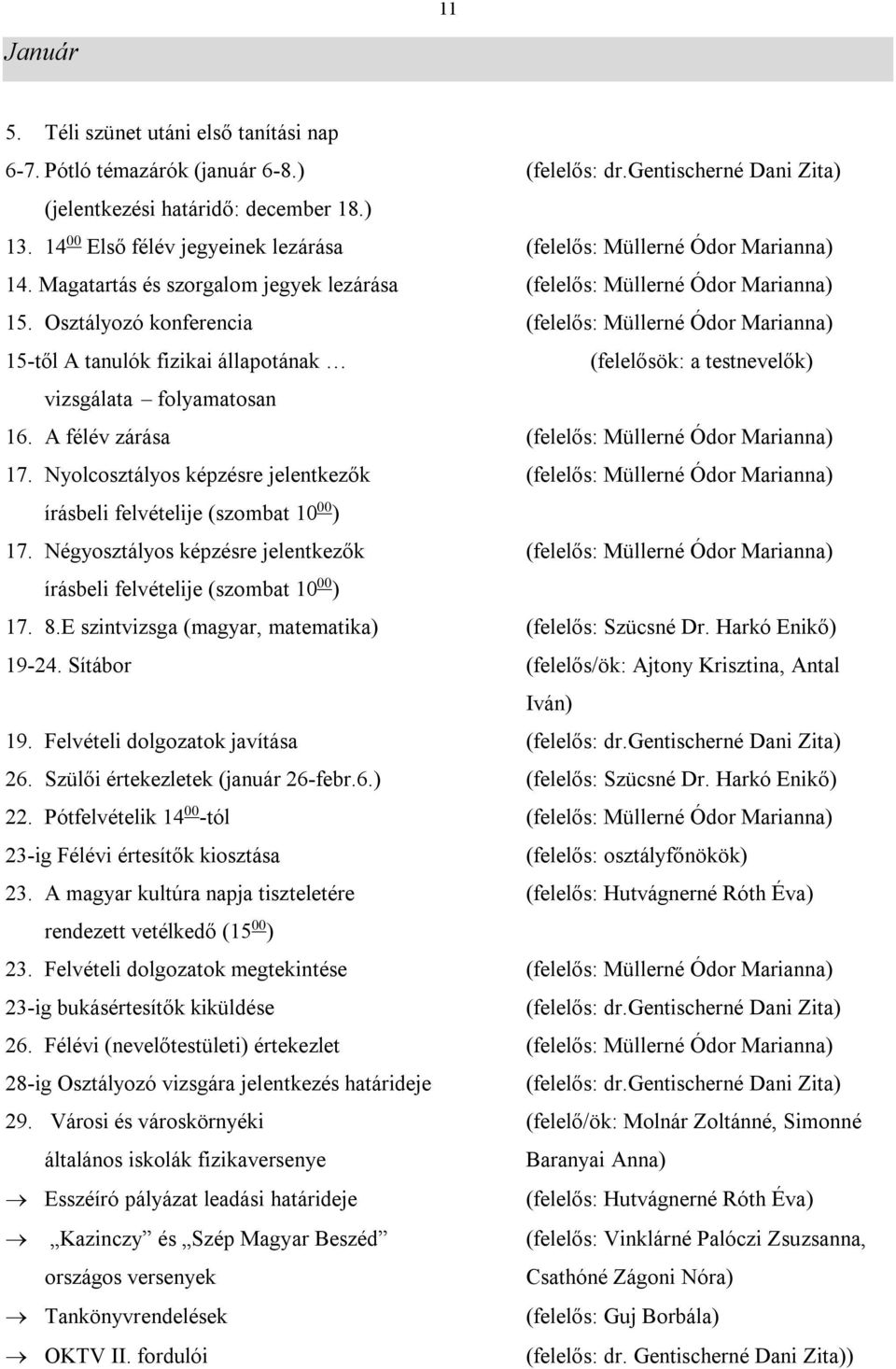 Osztályozó konferencia (felelős: Müllerné Ódor Marianna) 15-től A tanulók fizikai állapotának (felelősök: a testnevelők) vizsgálata folyamatosan 16.