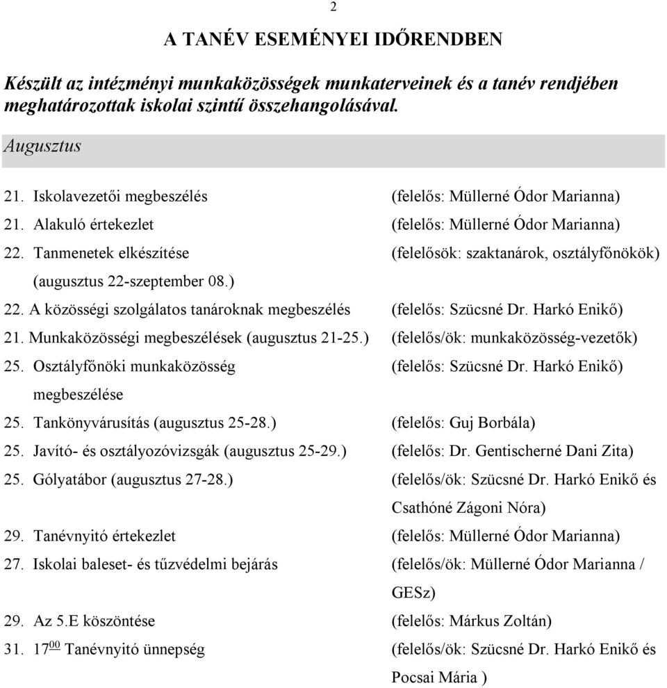 Tanmenetek elkészítése (felelősök: szaktanárok, osztályfőnökök) (augusztus 22-szeptember 08.) 22. A közösségi szolgálatos tanároknak megbeszélés (felelős: Szücsné Dr. Harkó Enikő) 21.