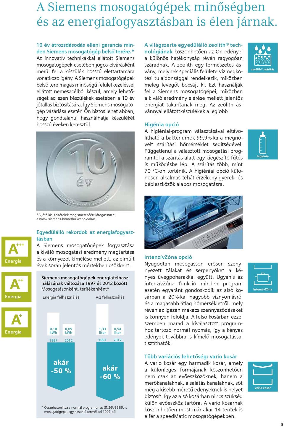 A Siemens mosogatógépek belső tere magas minőségű felületkezeléssel ellátott nemesacélból készül, amely lehetőséget ad ezen készülékek esetében a 10 év jótállás biztosítására.