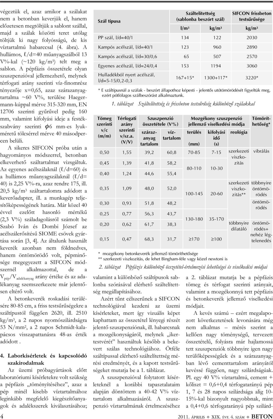 A pépfázis összetétele olyan szuszpenzióval jellemezhető, melynek térfogati arány szerinti víz-finomrész tényezője x=0,65, azaz szárazanyagtartalma ~60 V%, terülése Haeger - mann-kúppal mérve 315-320