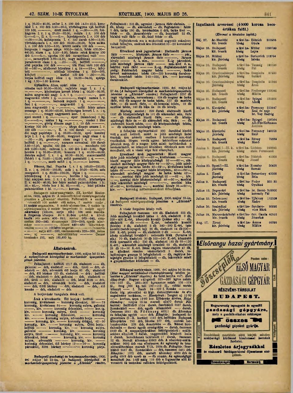 00 4.00, kötött saláta 100 drb, burgonya 1 vaggon sárga 60Ó.0-640.0, fehér 400.00 440.00, rózsa 1 q. 5.20 5.80, fekete retek kicsiny 100 drb 0. 0., ugorka 100 drb Savanyítani való -, savanyitott 3.