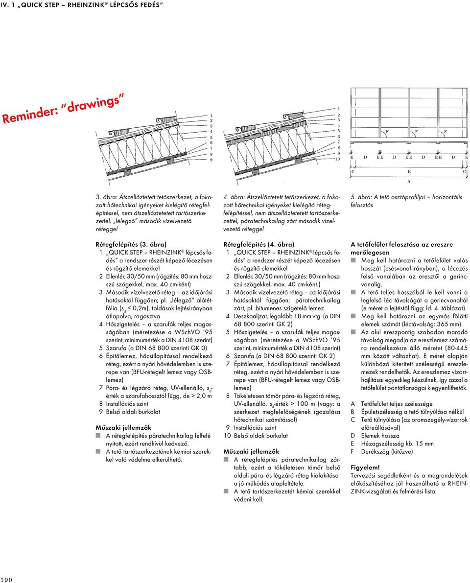 ábra) 1 QUICK STEP RHEINZINK lépcsős fedés a rendszer részét képező lécezésen és rögzítő elemekkel 2 Ellenléc 30/50 mm (rögzítés: 80 mm hoszszú szögekkel, max.