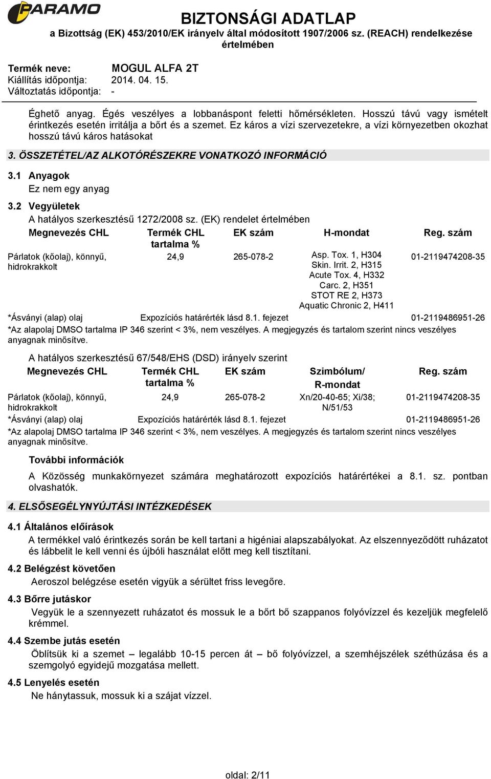 2 Vegyületek A hatályos szerkesztésű 1272/2008 sz. (EK) rendelet Megnevezés CHL Termék CHL EK szám H-mondat Reg. szám tartalma % Párlatok (kőolaj), könnyű, 24,9 265-078-2 Asp. Tox.