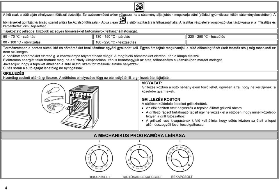 A tisztítás részleteire vonatkozó utasítástolvassa el a "Tisztítás és karbantartás című fejezetben. Tájékoztató jelleggel közöljük az egyes hőmérséklet tartományok felhasználhatóságát.