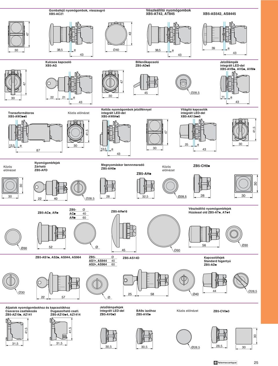 XB5-AK12ii5 87 25 e Közös elölnézet Nyomógombfejek Zárható ZB5-AFD Megnyomáskor bennnmaradó ZB5-AH0i ZB5-AHi Közös elölnézet ZB5-CH0i 22 40 Ø28,5 28 32,5 28 ZB5-ACi, ARi ZB5- Ø ACi 40 ARi 60