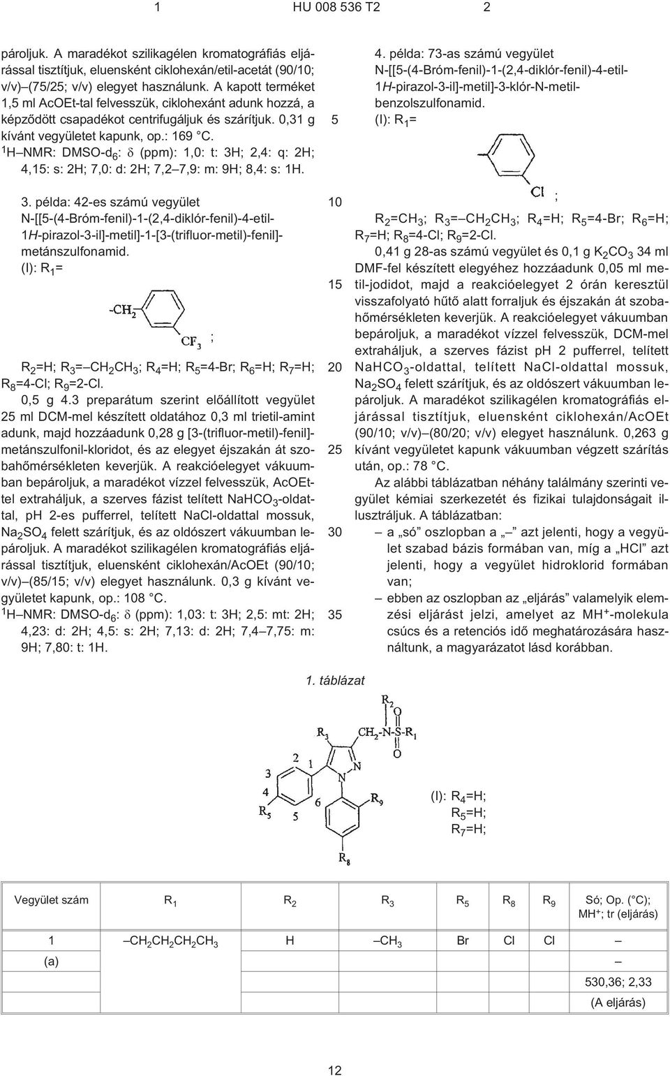 1 HNMR: DMSO-d 6 : (ppm): 1,0: t: 3H; 2,4: q: 2H; 4,15: s: 2H; 7,0: d: 2H; 7,27,9: m: 9H; 8,4: s: 1H. 3. példa: 42¹es számú vegyület N-[[5¹(4¹Bróm-fenil)-1¹(2,4-diklór-fenil)-4-etil- 1H¹pirazol-3¹il]-metil]-1-[3¹(trifluor-metil)-fenil]- metánszulfonamid.