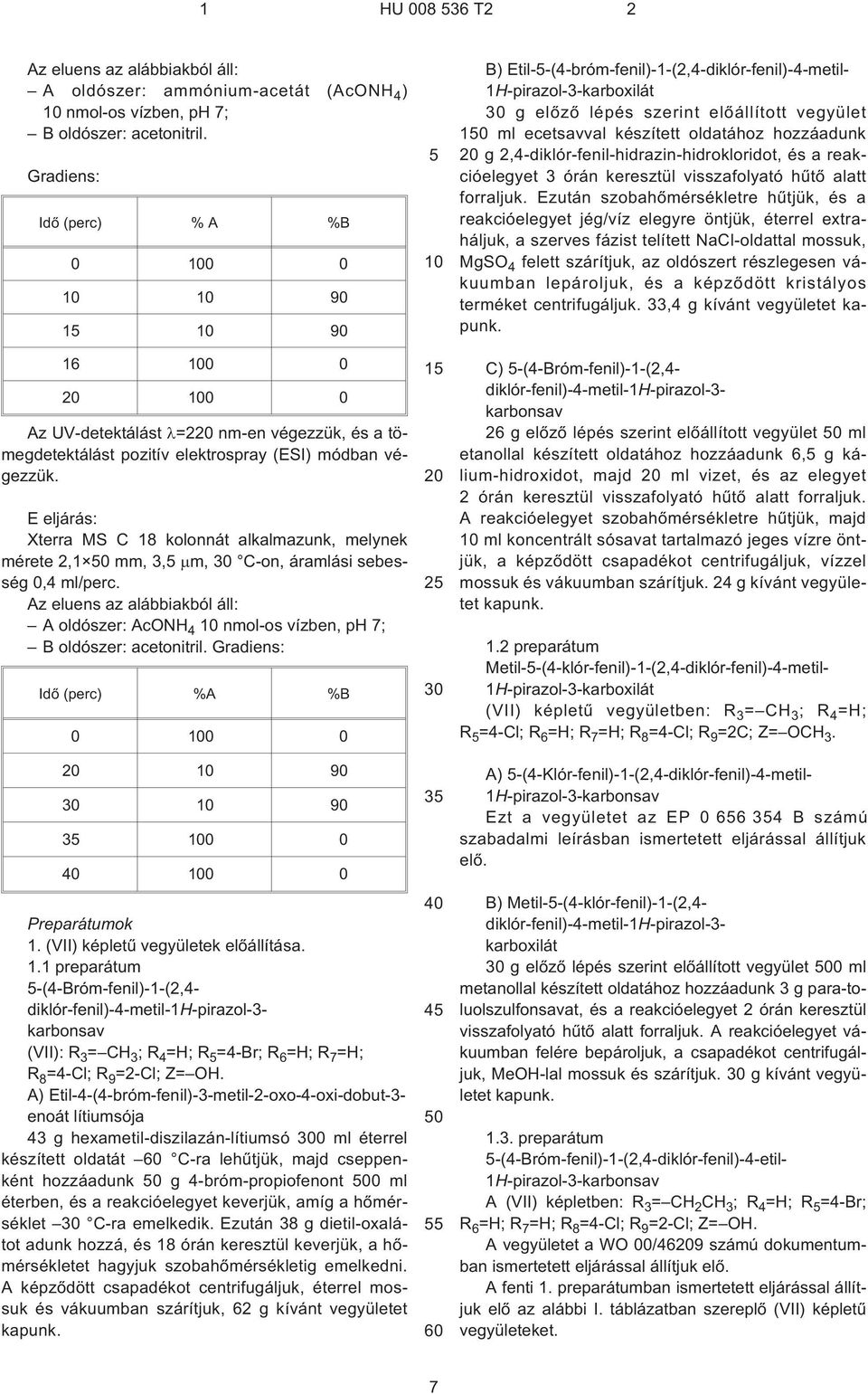 E eljárás: Xterra MS C 18 kolonnát alkalmazunk, melynek mérete 2,1 mm, 3,5 m, C¹on, áramlási sebesség 0,4 ml/perc.