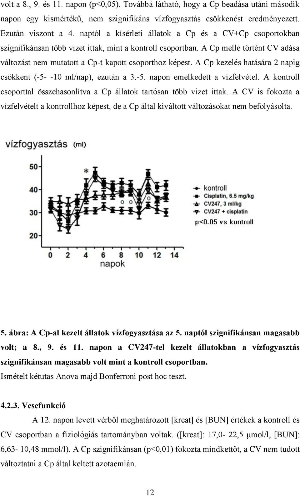 A Cp kezelés hatására 2 napig csökkent (-5- -10 ml/nap), ezután a 3.-5. napon emelkedett a vízfelvétel. A kontroll csoporttal összehasonlítva a Cp állatok tartósan több vizet ittak.