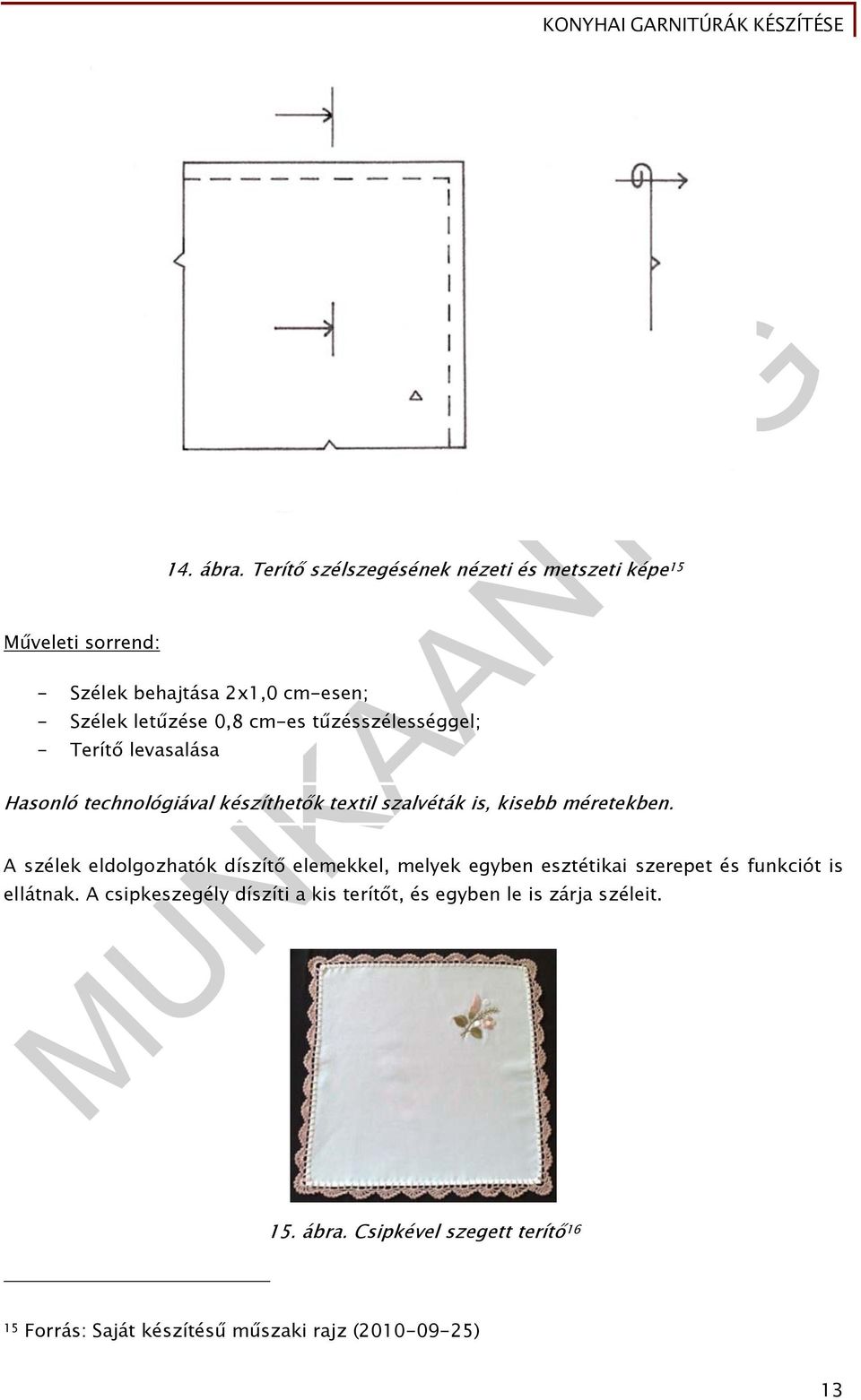 - Terítő levasalása Hasonló technológiával készíthetők textil szalvéták is, kisebb méretekben.