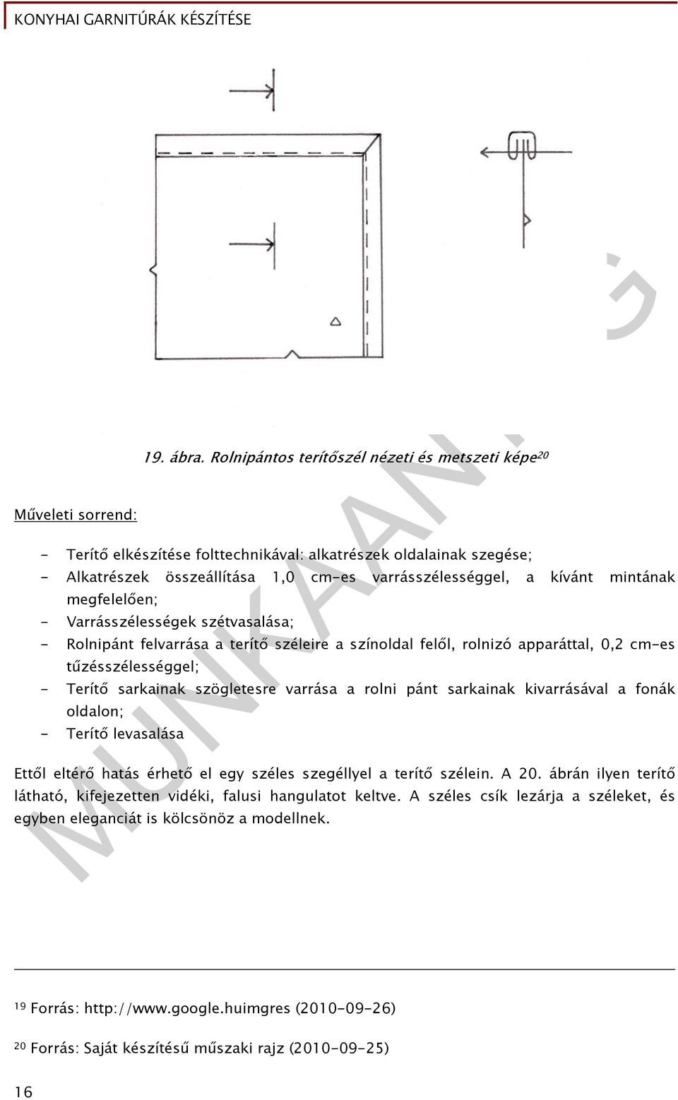 megfelelően; - Varrásszélességek szétvasalása; - Rolnipánt felvarrása a terítő széleire a színoldal felől, rolnizó apparáttal, 0,2 cm-es tűzésszélességgel; - Terítő sarkainak szögletesre varrása a