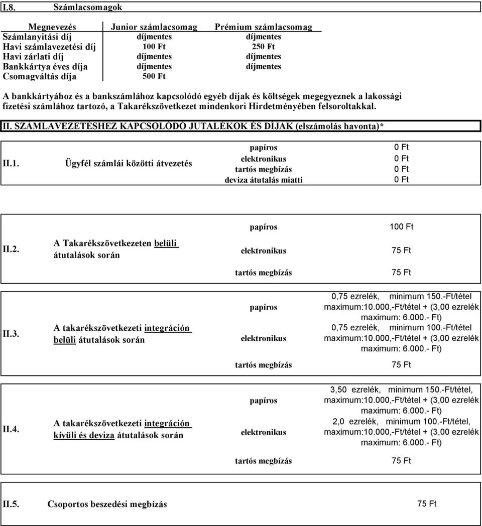 Hirdetményében felsoroltakkal. II. SZÁMLAVEZETÉSHEZ KAPCSOLÓDÓ JUTALÉKOK ÉS DÍJAK (elszámolás havonta)* II.1. Ügyfél számlái közötti átvezetés deviza átutalás miatti 10 II.2.