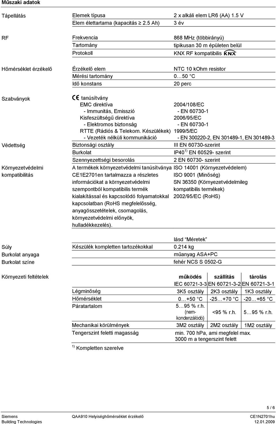 NTC 10 kohm resistor Mérési tartomány 0 50 C Idő konstans 20 perc tanúsítvány EMC direktíva 2004/108/EC - Immunitás, Emisszió - EN 607-1 Kisfeszültségű direktíva 2006/95/EC - Elektromos biztonság -