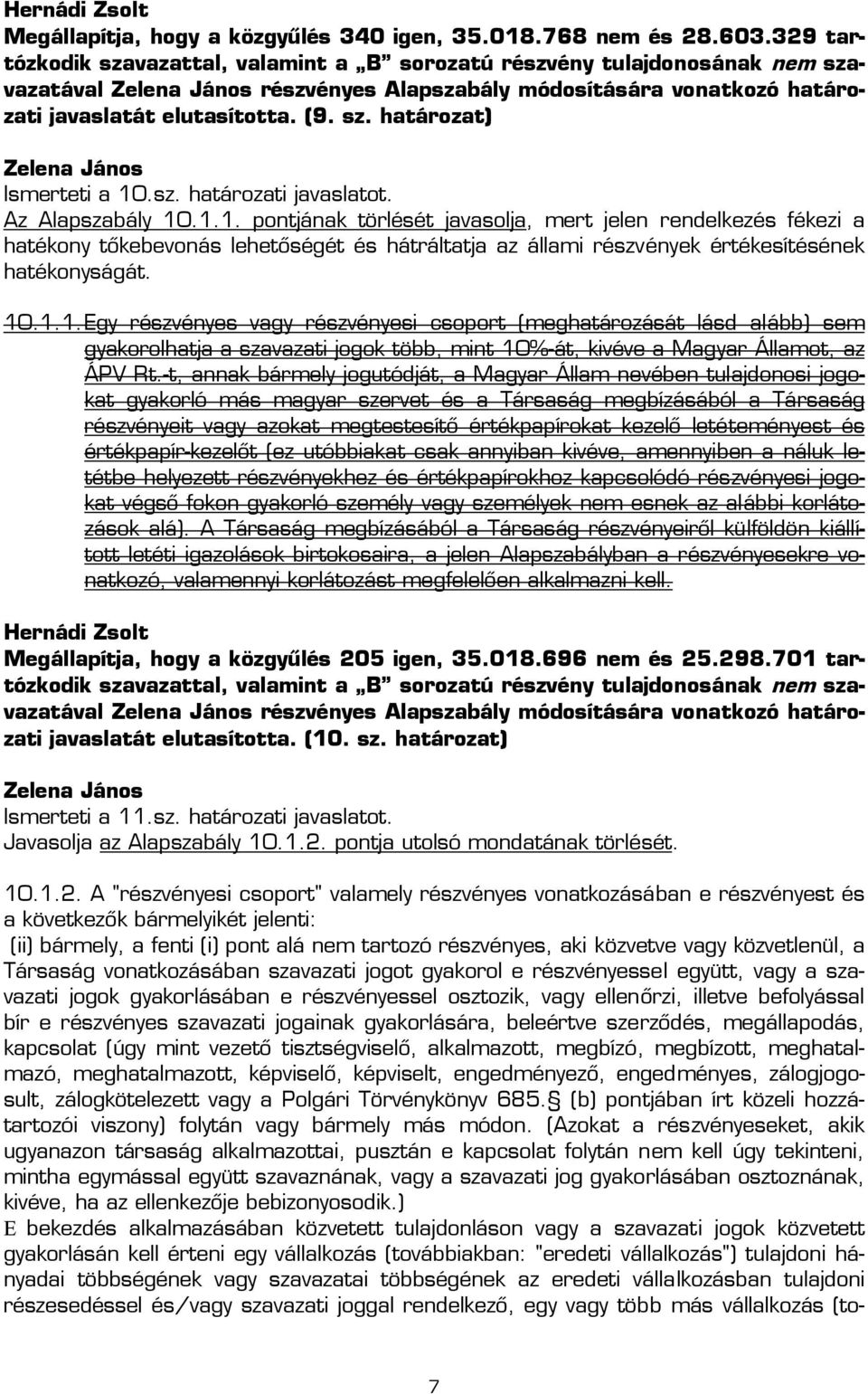 .1.1. pontjának törlését javasolja, mert jelen rendelkezés fékezi a hatékony tőkebevonás lehetőségét és hátráltatja az állami részvények értékesítésének hatékonyságát. 10.1.1. Egy részvényes vagy részvényesi csoport (meghatározását lásd alább) sem gyakorolhatja a szavazati jogok több, mint 10%-át, kivéve a Magyar Államot, az ÁPV Rt.