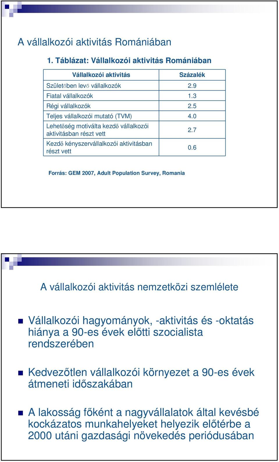 6 Forrás: GEM 2007, Adult Population Survey, Romania 13 A vállalkozói aktivitás nemzetközi szemlélete Vállalkozói hagyományok, -aktivitás és -oktatás hiánya a 90-es évek elıtti