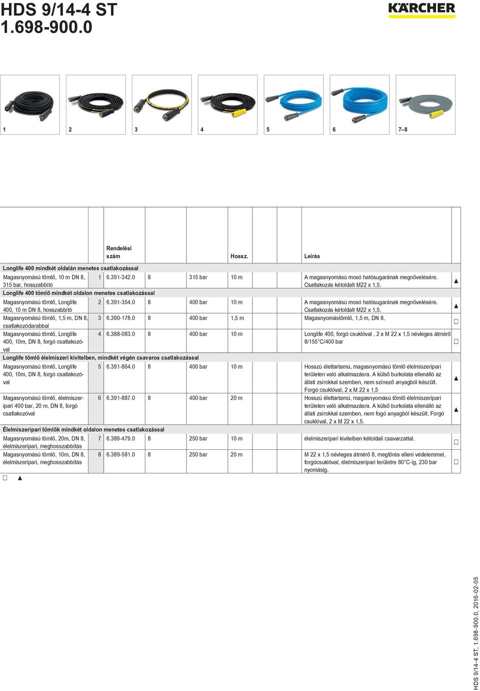 0 8 400 bar 10 m A magasnyomású mosó hatósugarának megnövelésére. 400, 10 m DN 8, hosszabbító Csatlakozás kétoldalt M22 x 1,5. Magasnyomású tömlő, 1,5 m, DN 8, 3 6.390-178.