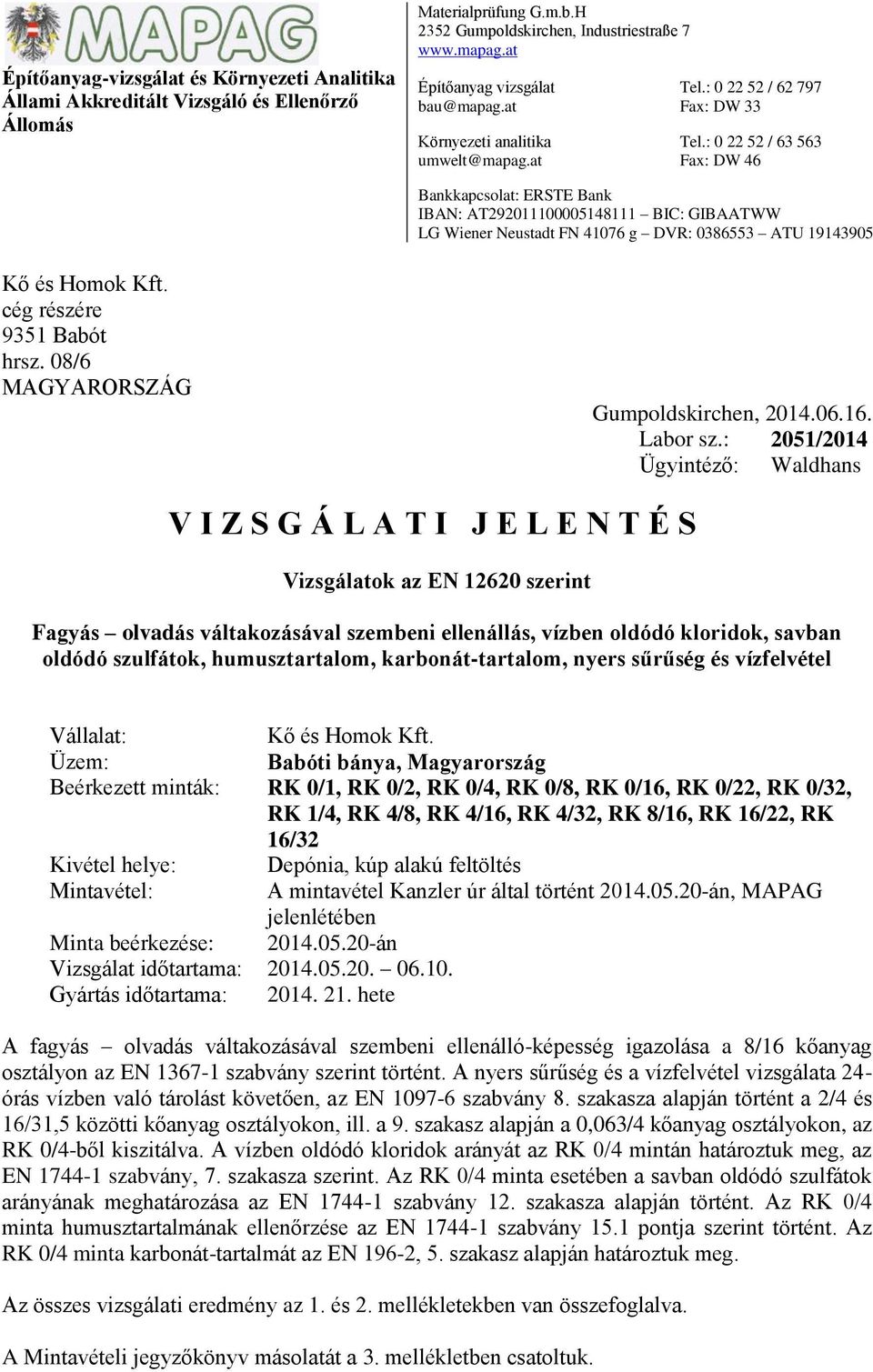 : 0 22 52 / 63 563 Fax: DW 46 Bankkapcsolat: ERSTE Bank IBAN: AT292011100005148111 BIC: GIBAATWW LG Wiener Neustadt FN 41076 g DVR: 0386553 ATU 19143905 cég részére 9351 Babót hrsz.