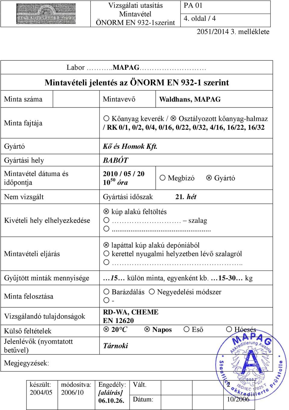 16/22, 16/32 Gyártó Gyártási hely Mintavétel dátuma és időpontja BABÓT 2010 / 05 / 20 10 50 óra Megbízó Gyártó Nem vizsgált Gyártási időszak 21.