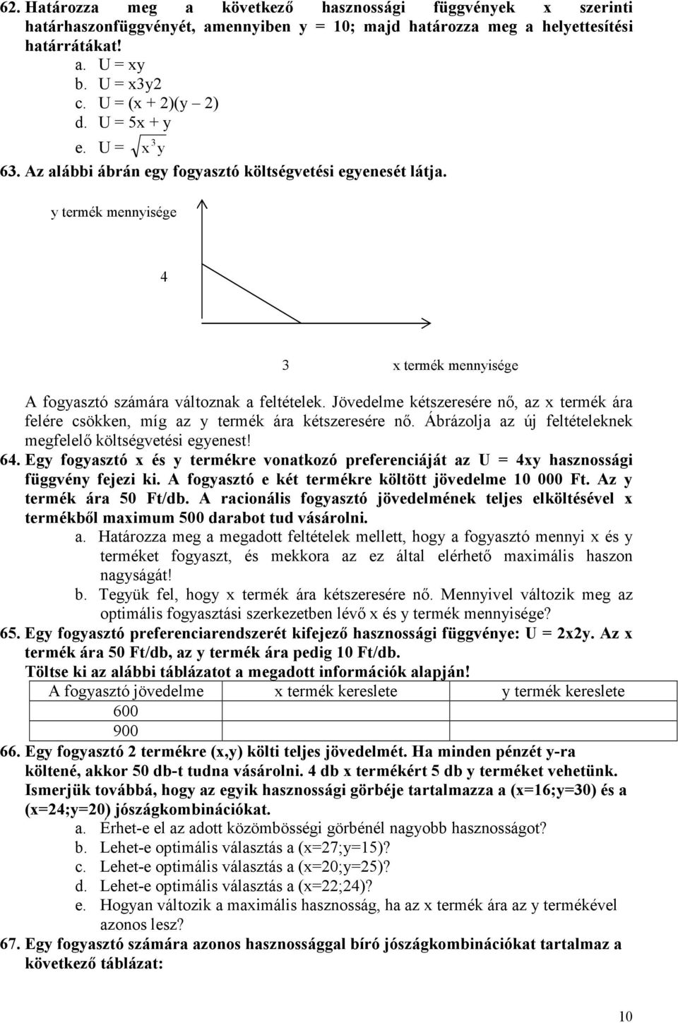 Jövedelme kétszeresére nı, az x termék ára felére csökken, míg az y termék ára kétszeresére nı. Ábrázolja az új feltételeknek megfelelı költségvetési egyenest! 64.