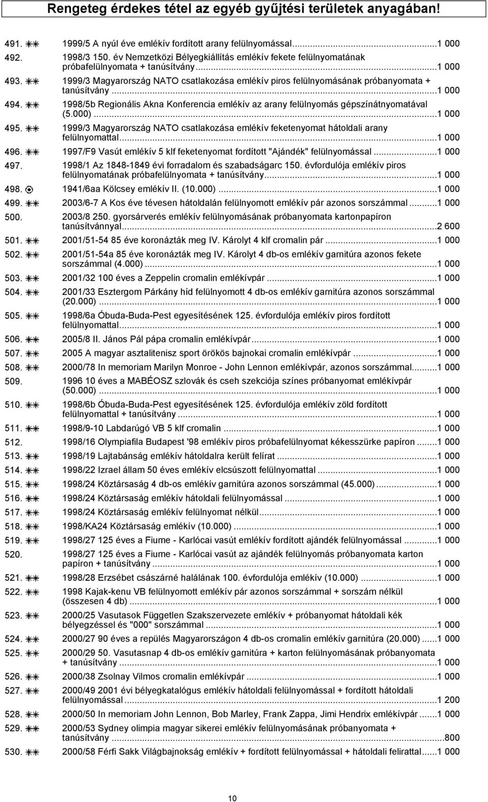 1999/3 Magyarország NATO csatlakozása emlékív piros felülnyomásának próbanyomata + tanúsítvány...1 000 494. 1998/5b Regionális Akna Konferencia emlékív az arany felülnyomás gépszínátnyomatával (5.