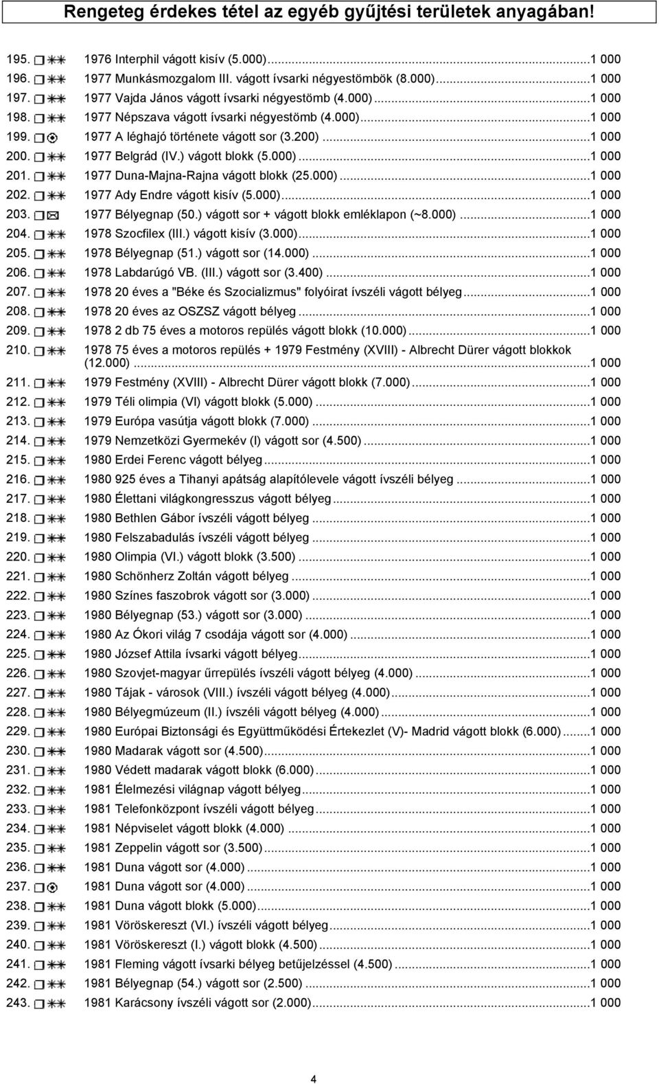 ) vágott blokk (5.000)...1 000 201. 1977 Duna-Majna-Rajna vágott blokk (25.000)...1 000 202. 1977 Ady Endre vágott kisív (5.000)...1 000 203. 1977 Bélyegnap (50.