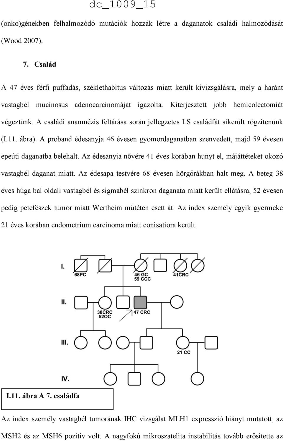 A családi anamnézis feltárása során jellegzetes LS családfát sikerült rögzítenünk (I.11. ábra). A proband édesanyja 46 évesen gyomordaganatban szenvedett, majd 59 évesen epeúti daganatba belehalt.