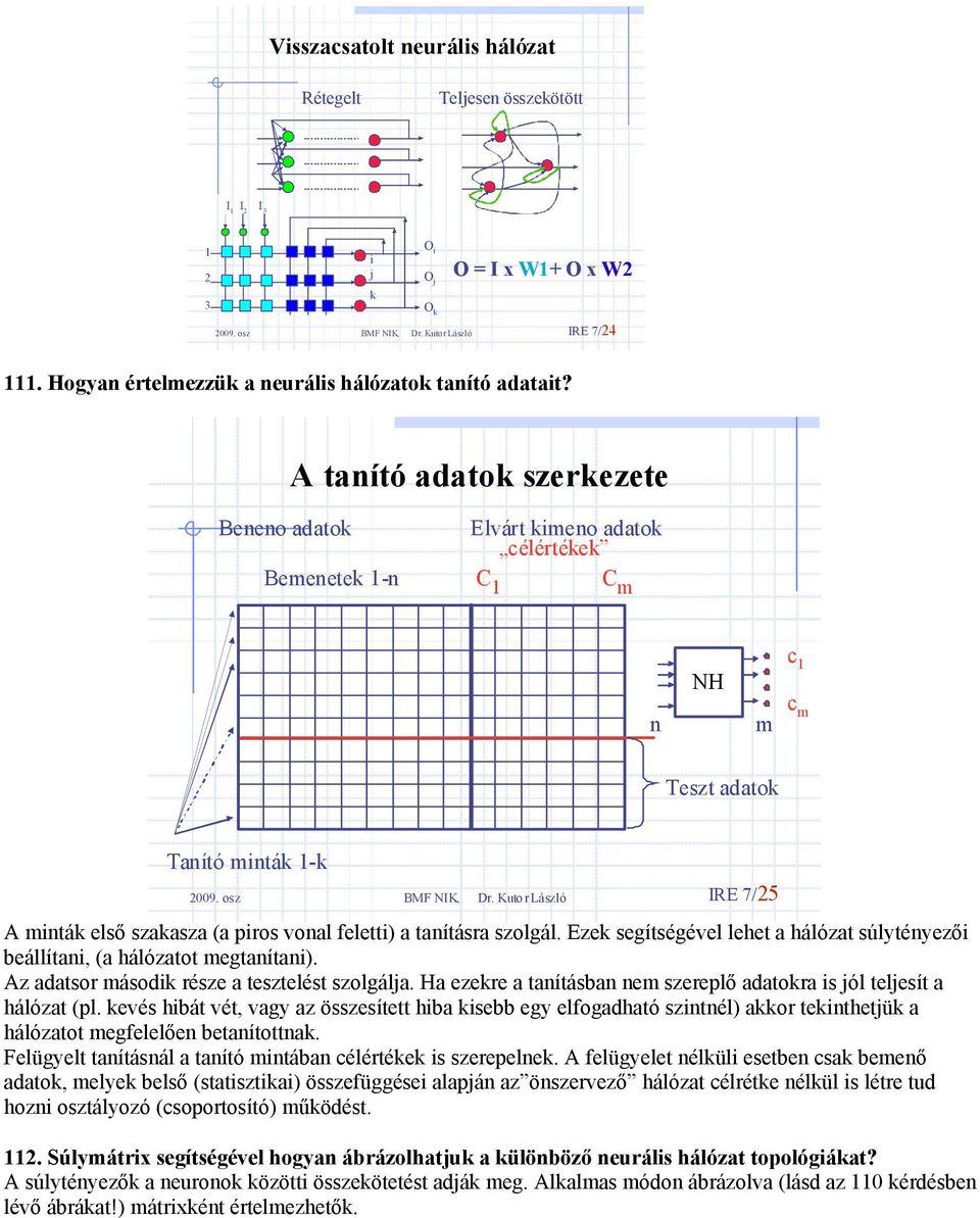 tanításra szolgál. Ezek segítségével lehet a hálózat súlytényezői beállítani, (a hálózatot megtanítani). Az adatsor második része a tesztelést szolgála.